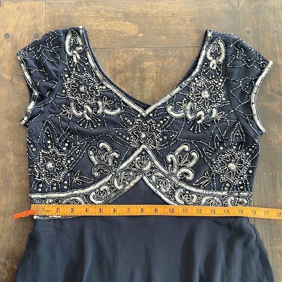 NWT J Kara V-Neck Beaded Cap Sleeve V Neck Maxi Evening Sheath beaded grey Dress - Picture 3 of 8